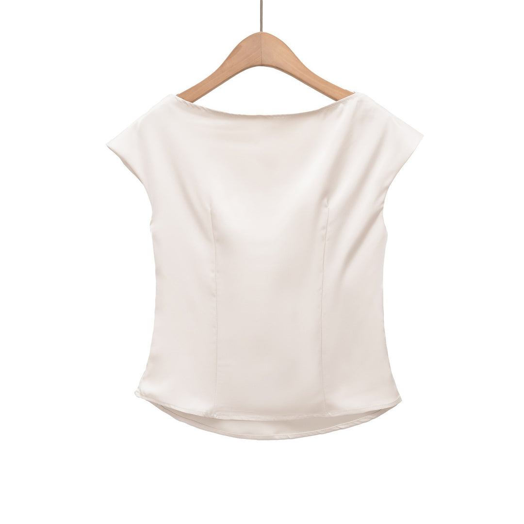 Dame elegant satinbluse med raffineret vandfaldsudskæring Skovae