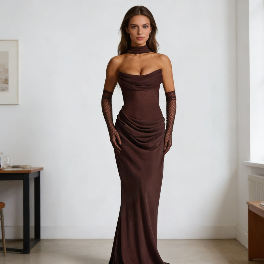 Dame Elegante off-the-shoulder maxi-kjole med forførende flæsedetail Skovae