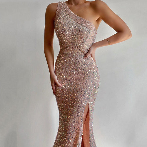 Dame Elegant Langærmet Kjole med asymmetrisk Udsnit og funkende Rhinestones Stilla
