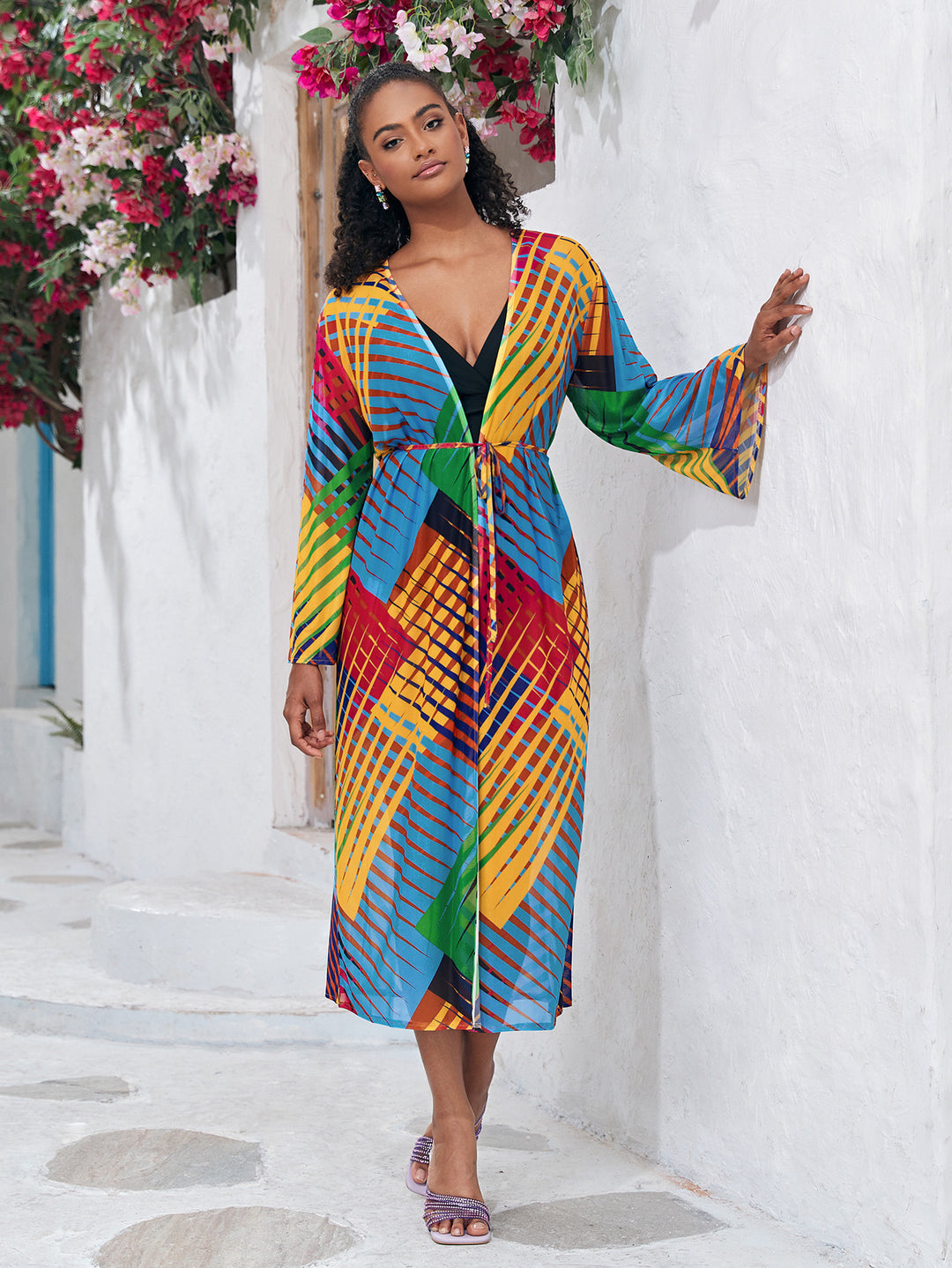 Dame luftig kaftan med bindbart taljebånd og elegante ærmer Stilla