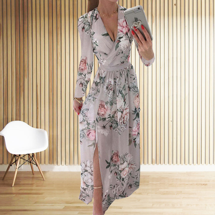 Damer blomst design maxikjole med dyb slids og elegant indpakningslook Stilla