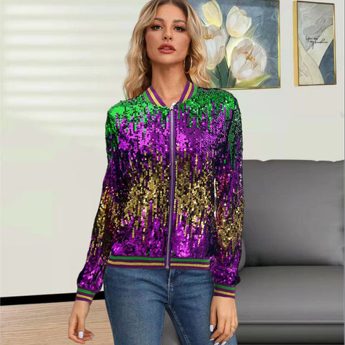Dame Glitrende Bomberjakke med palietbesat design og elastisk kant Stilla