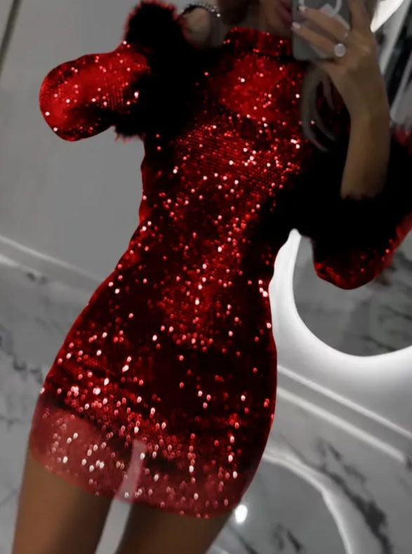 Dame aftenkjole med glitrende detaljer og elegante pufærmer Stilla