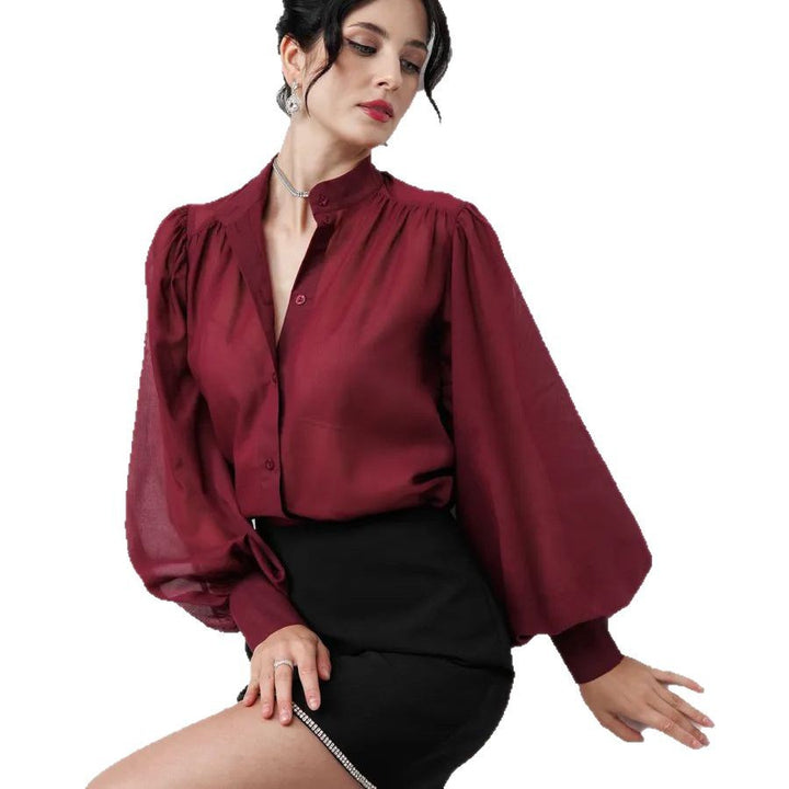 Damer Elegant Bluse med voluminøse Puffærmer og gennemsigtigt Stof Stilla