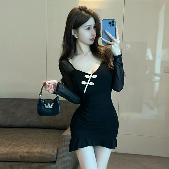 Stilla | Sexy Mesh Langærmet Bomulds Bodycon Kjole
