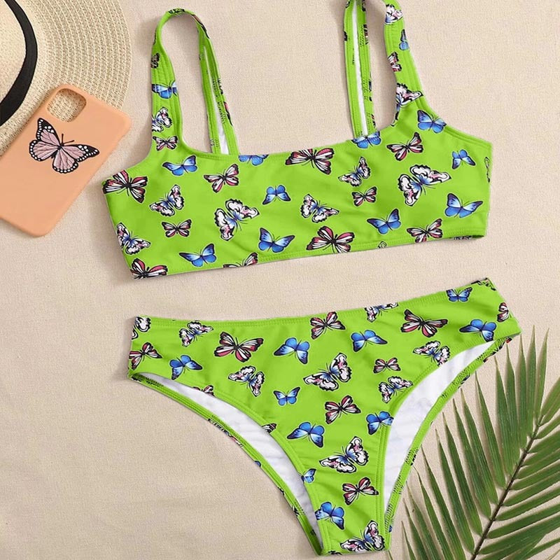 Dame Crop-Bikini-sæt med farverig sommerfugleprint Skovae