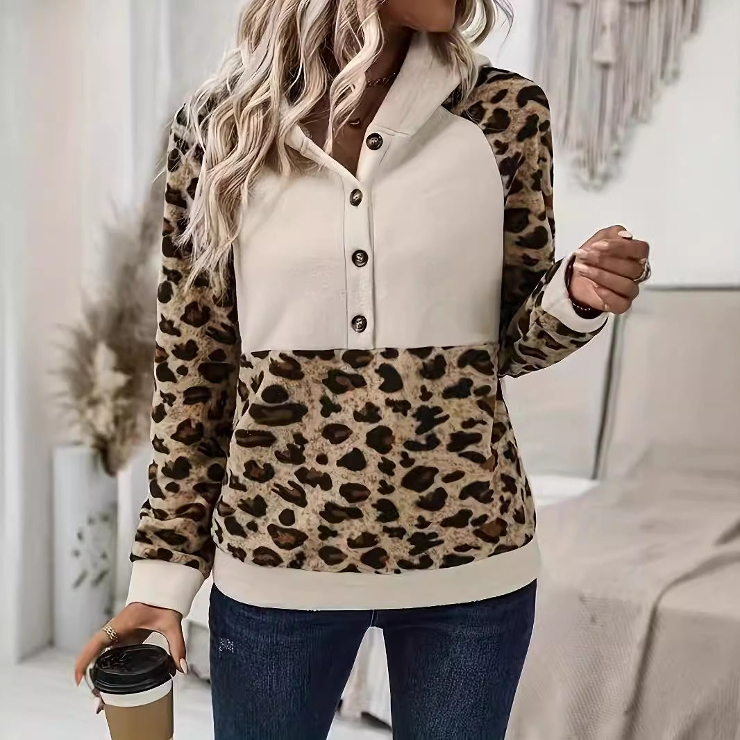 Kvinde Stilfulde Leopardmønster Knap-Up Hoodie Stilla