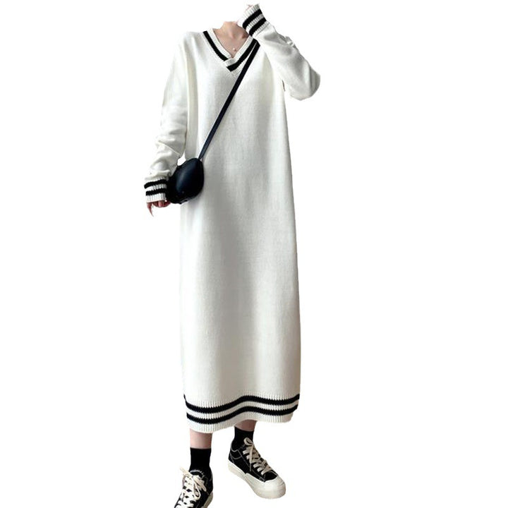 Femme Sporty V-Udskæring Strik Maxi Kjole med Ribkanter Stilla