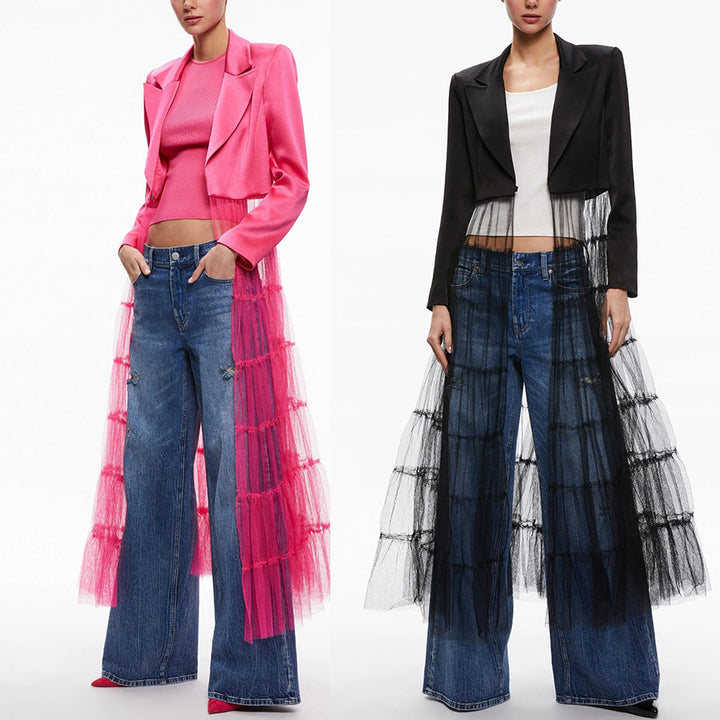 Dame Lang Blazer med voluminøs Tüllkant og elegant snit Stiila
