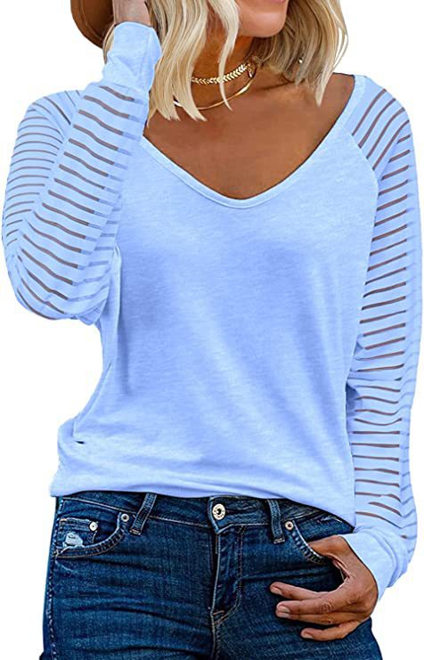 Dame V-hals top med transparente stribearm Stilla