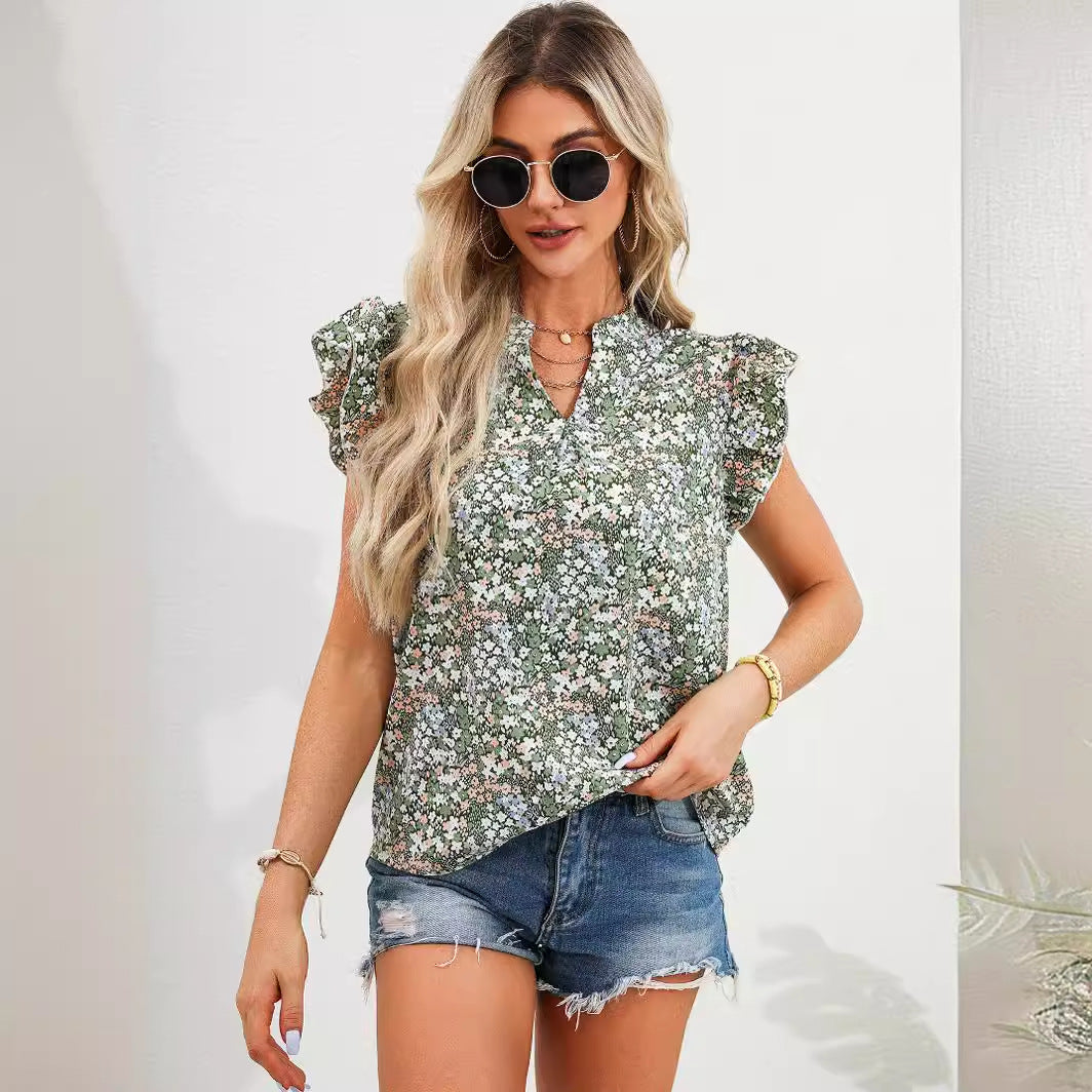 Dame Floralbluse med flæsedetaljer og nøgleudskæring Stilla