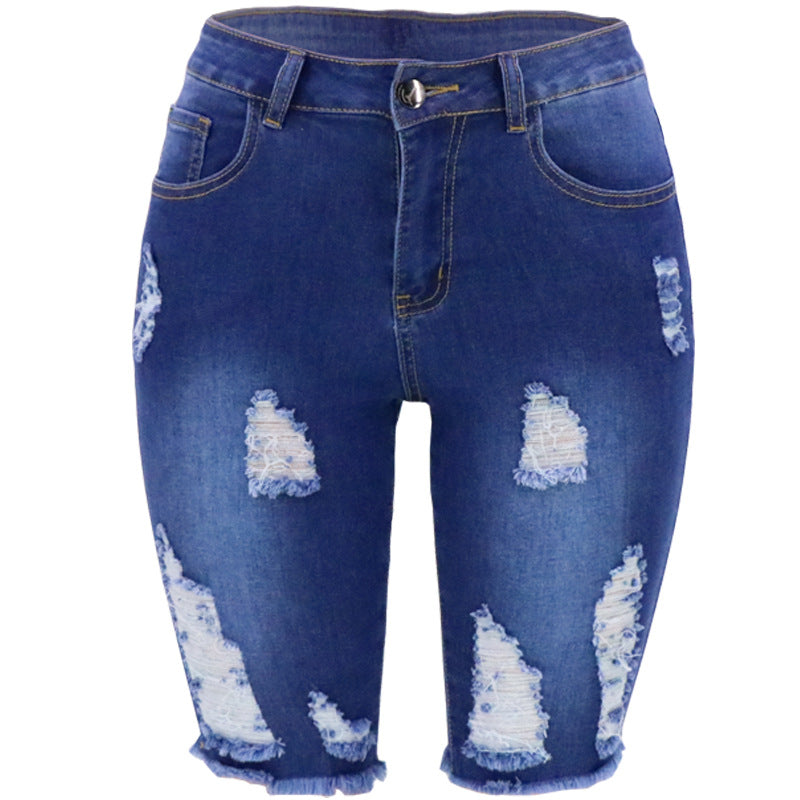 Kvinder Højt skårne Destroyed Denim-short med frynset kant Stilla