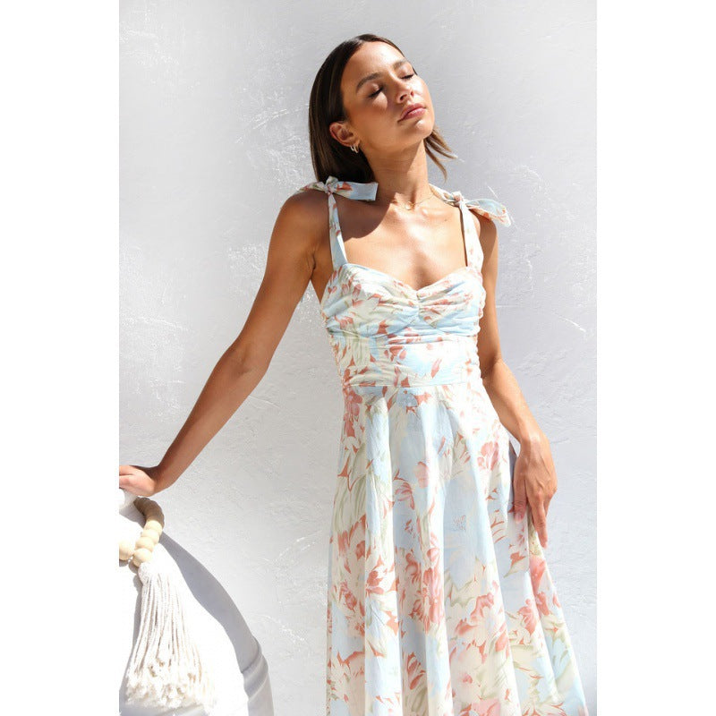 Dame Elegant Floral Midi Kjole med flatterende Bindebånd Stilla