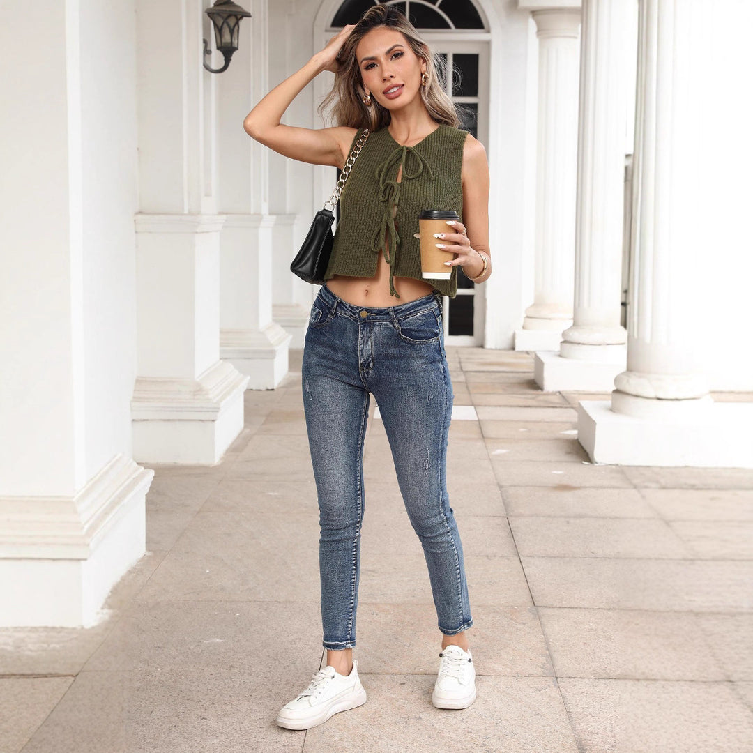 Dame Materialmix Crop-Top med knude-detalje Skovae
