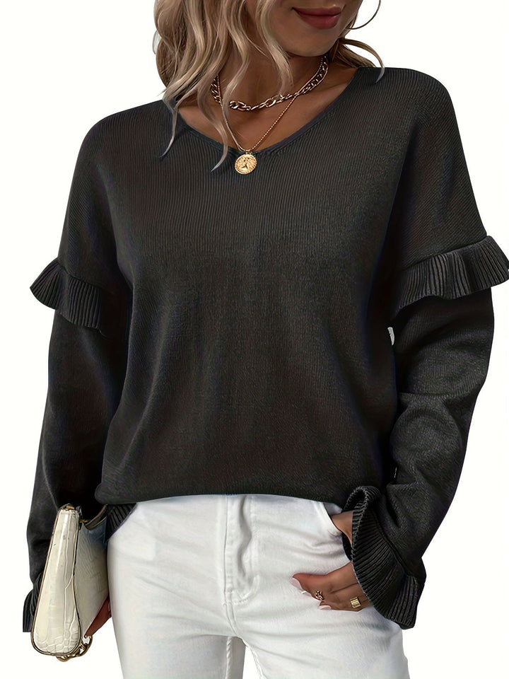 Dame sweater med flæsedetaljer og V-hals Stilla