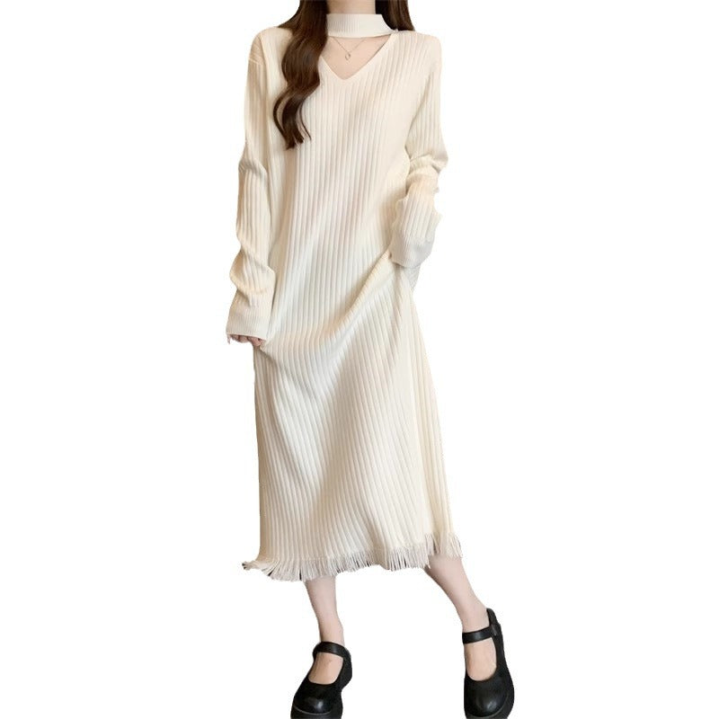 Dame High-Comfort Ribstrik Midi Kjole med Frynse-Detalje Stilla
