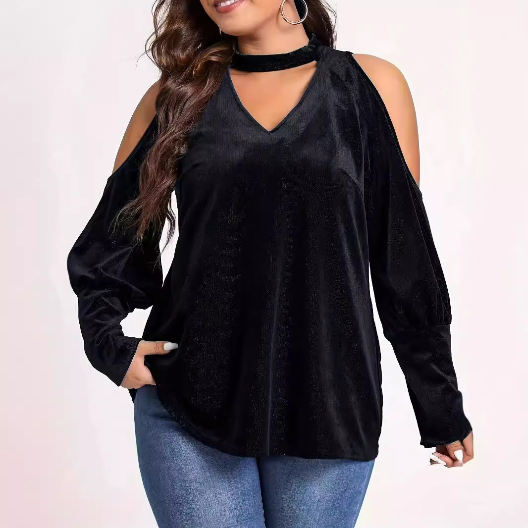Dame elegant V-hals top med cut-out ærmer og glinsende materiale Stilla