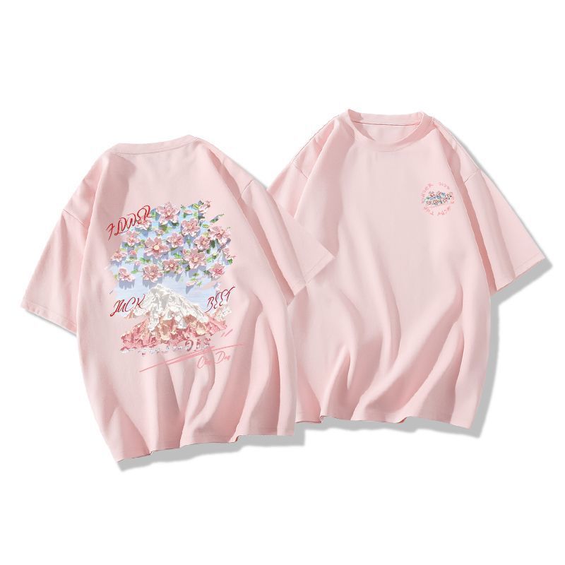Dame T-shirt med kunstnerisk bjerg- og blomstermotiv Stilla