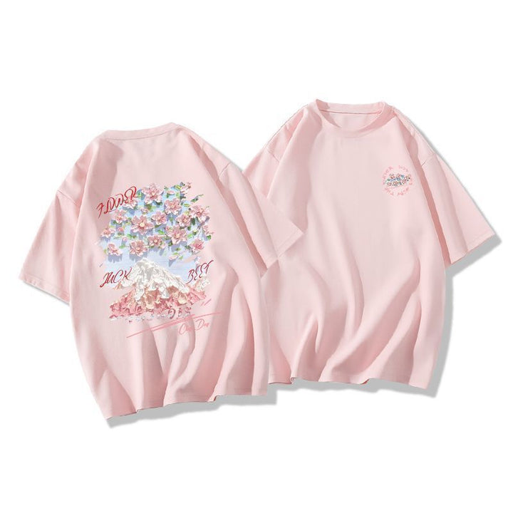 Dame T-shirt med kunstnerisk bjerg- og blomstermotiv Stilla