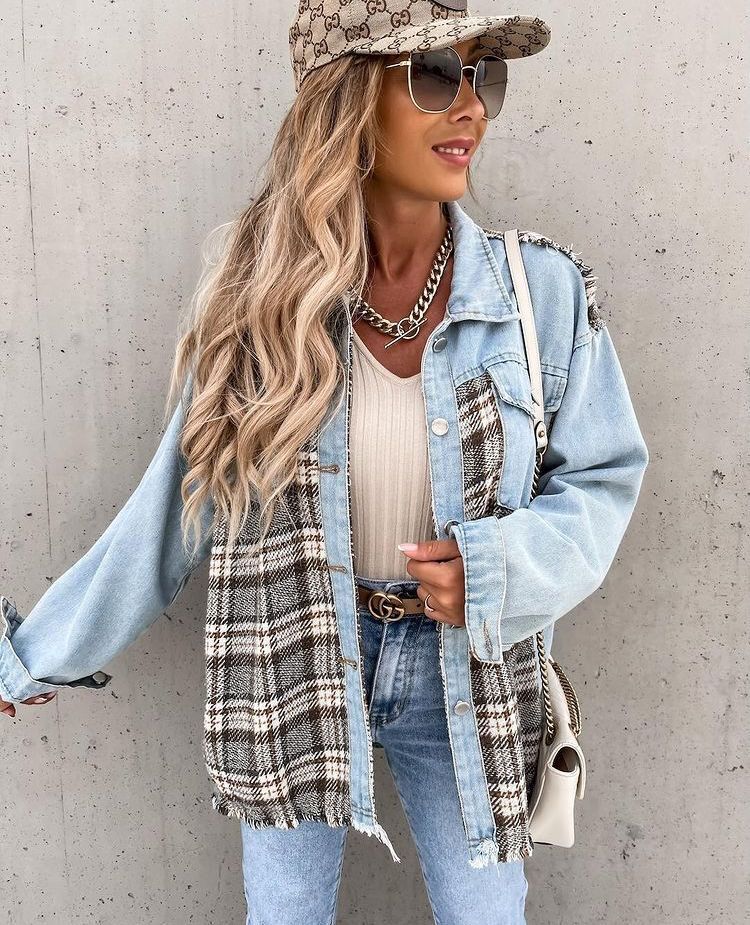 Kvinders fashionable ternet plaidjakke med en afslappet pasform og kontrasterende stoffer Stilla