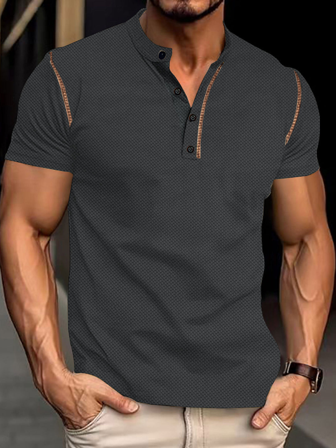 Herrer kortærmet Henley-skjorte med struktureret design og moderne knaplukning Stilla