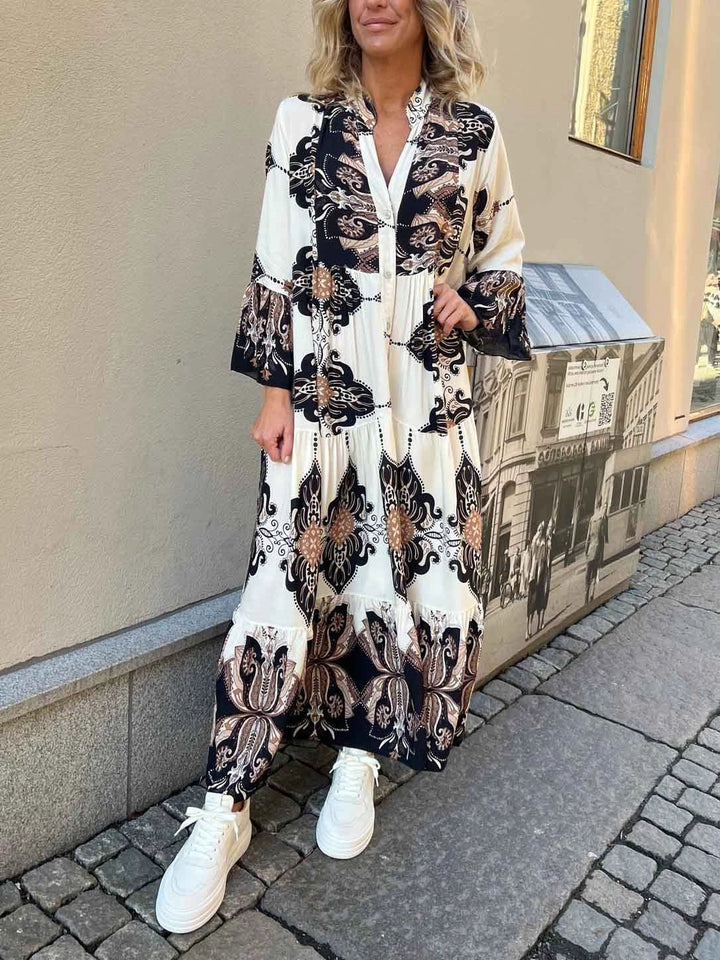 Dame Maxikjole med elegant mønster og brede ærmer Stilla
