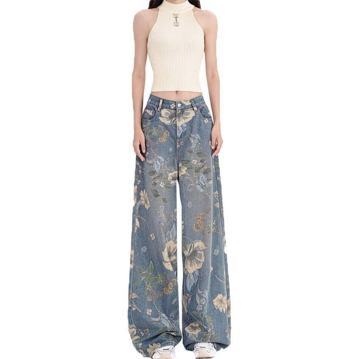 Damer brede jeans med blomster mønster Stilla