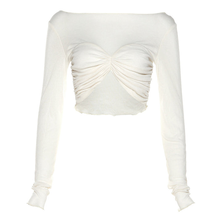 Dame Langærmet Cropped Top med rynket design og off-shoulder look Skovae