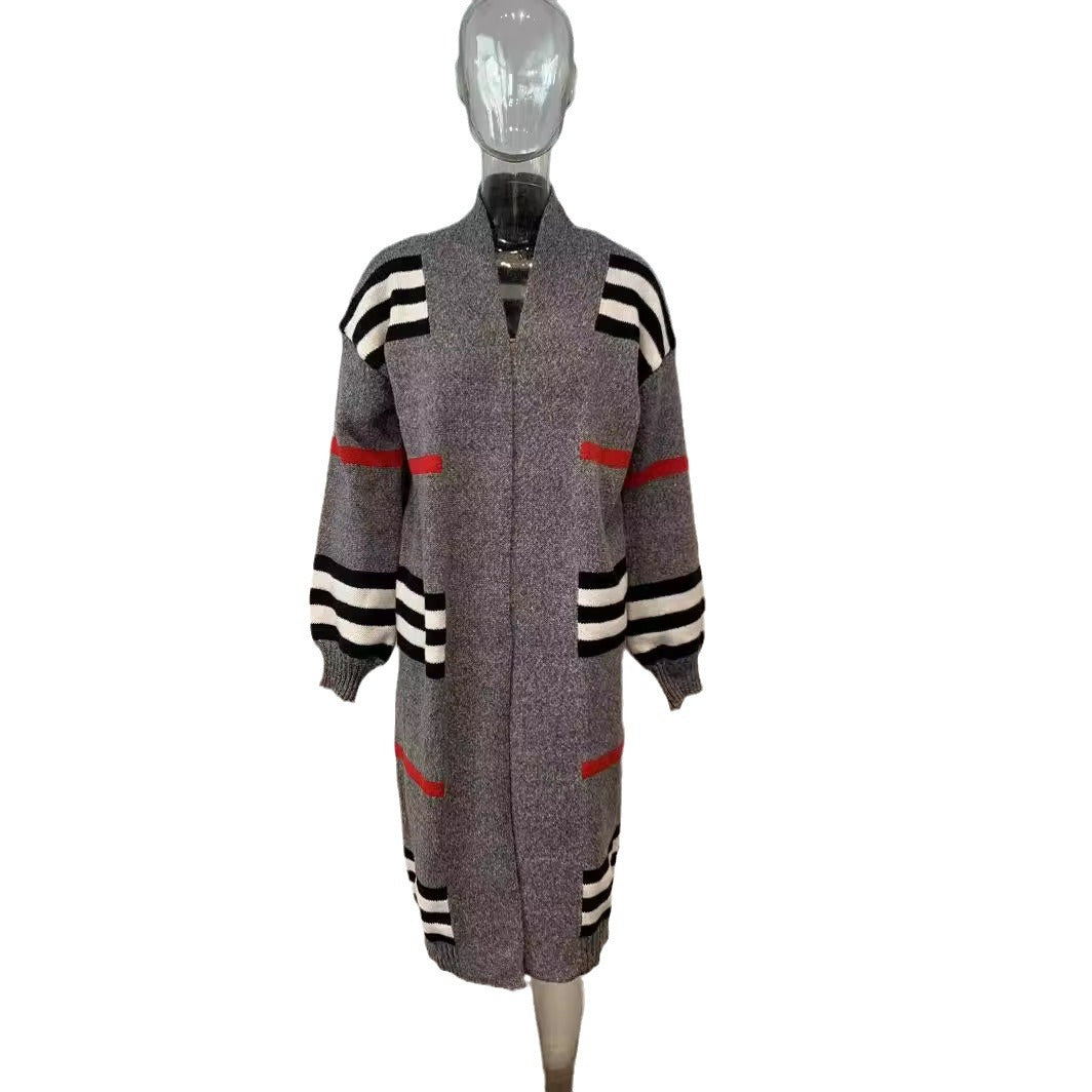 Dame moderne oversized strikfrakke med stribede detaljer og dybe lommer Stilla