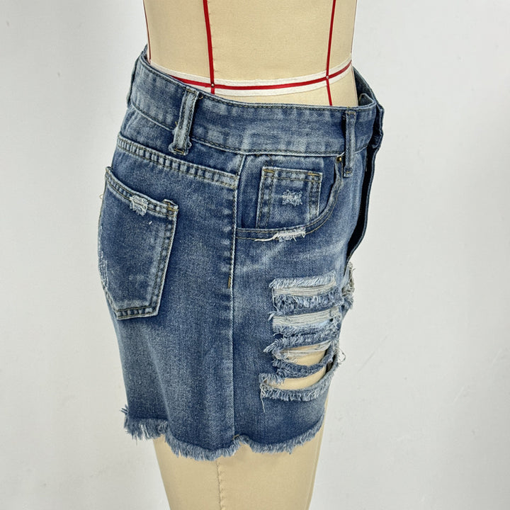 Dame Ripped Denim-Shorts med frynset kant og afslappet design Stilla