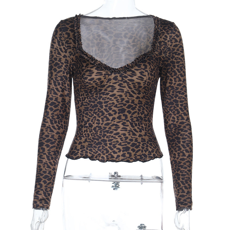 Dame elegant leopardmønster langærmet top Skovae
