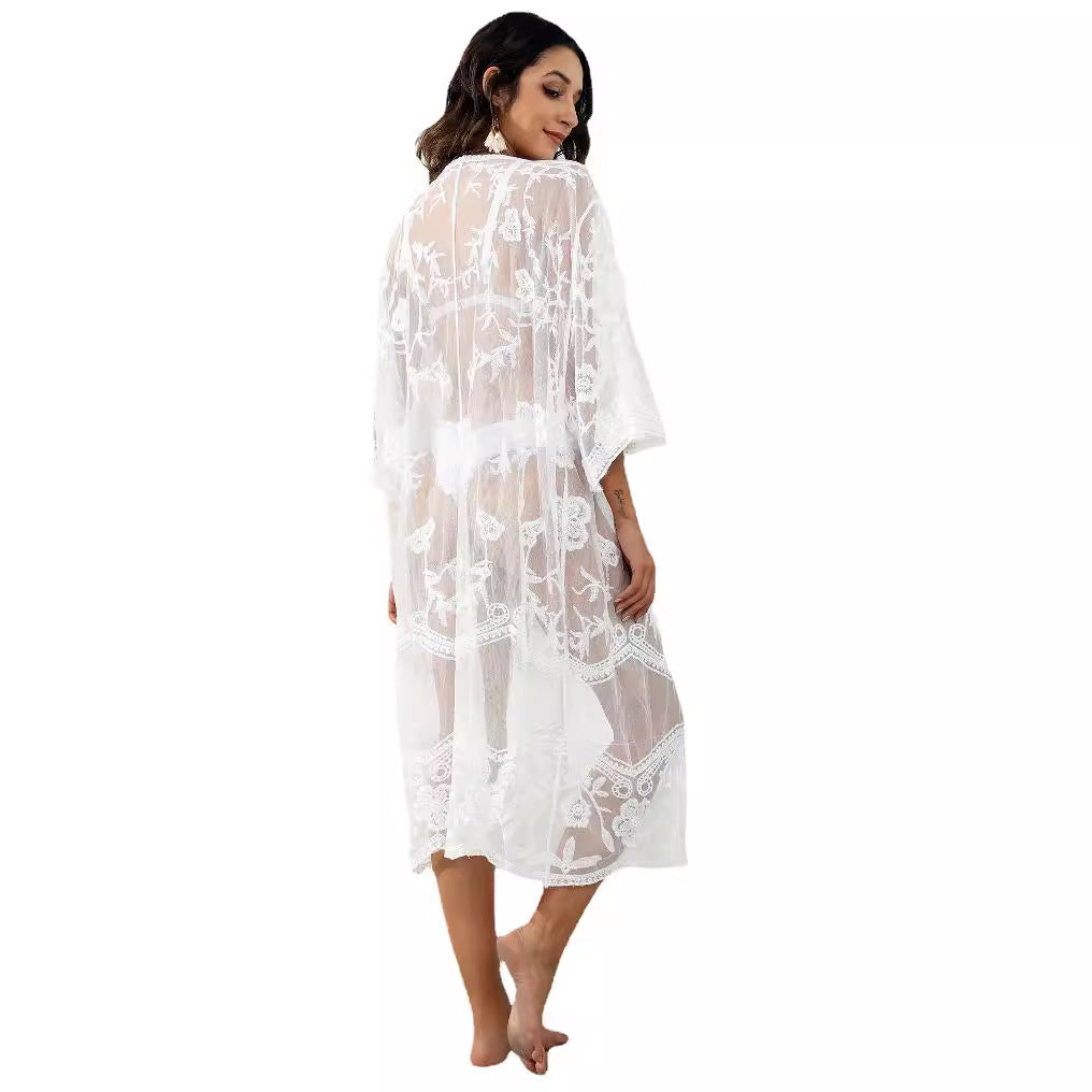 Dame Hæklet Strandkimono med blomsterprint og vide ærmer Stilla