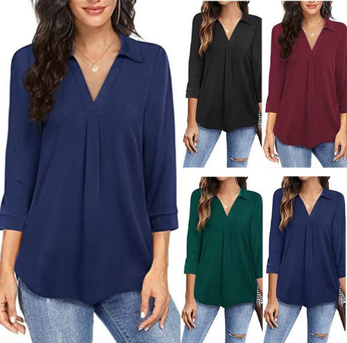 Dame elegant bluse med V-udskæring og plissering Stilla