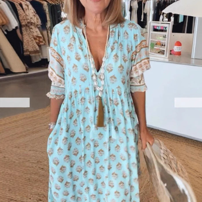 Dame Boho Maxikjole med elegant V-udskæring og legende detaljer Stilla