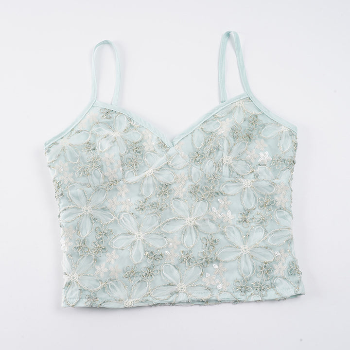 Dame spaghetti strop top med blomster broderier og lurex accenter Skovae