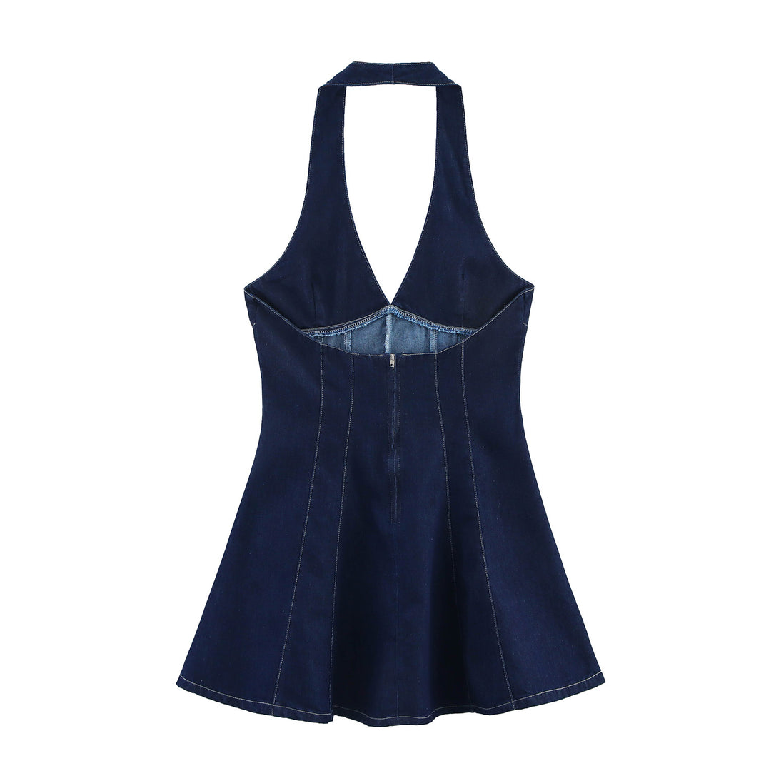 Femme Halterneck Denim Flared Dress Stilla