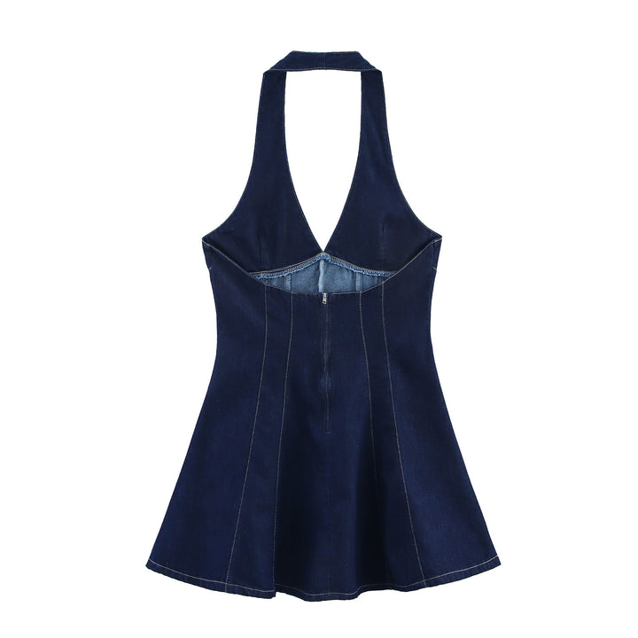 Femme Halterneck Denim Flared Dress Stilla