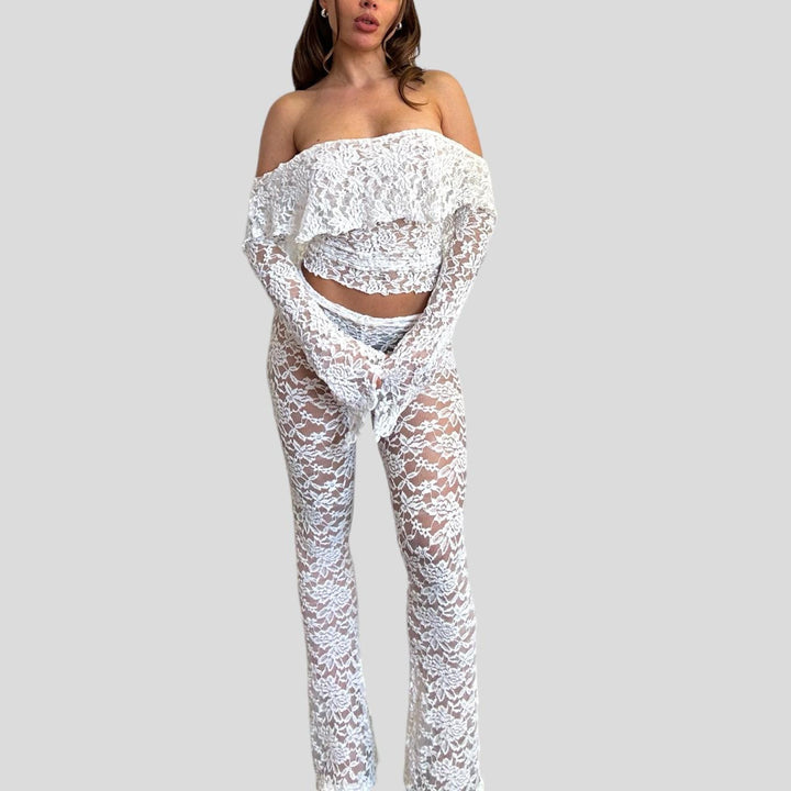 Dame lace crop top med brede ærmer og matchende bukser Skovae