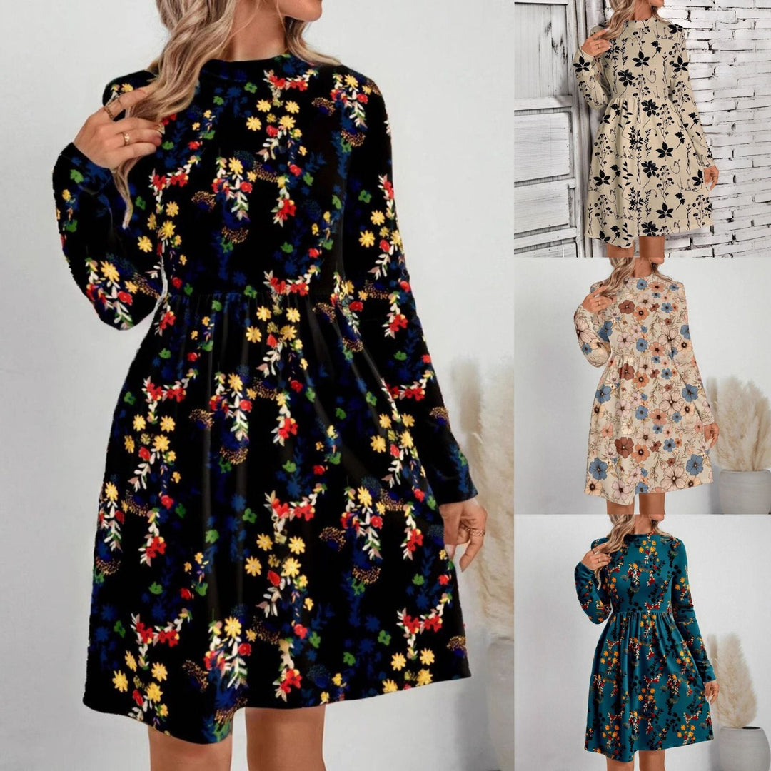 Stilla | Chic Floral Loose Rund Hals Langærmet Kjole