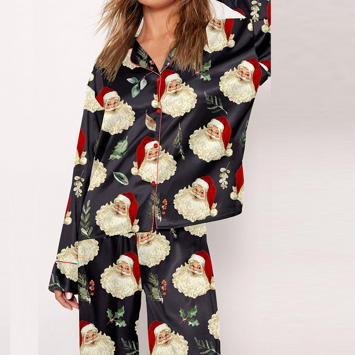 Dame pyjamasæt med festligt Santa-motiv og blødt satin Skovae