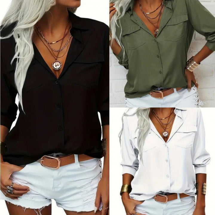 Dame elegant Button-Up Bluse med brystlommer og rullekrave Stilla