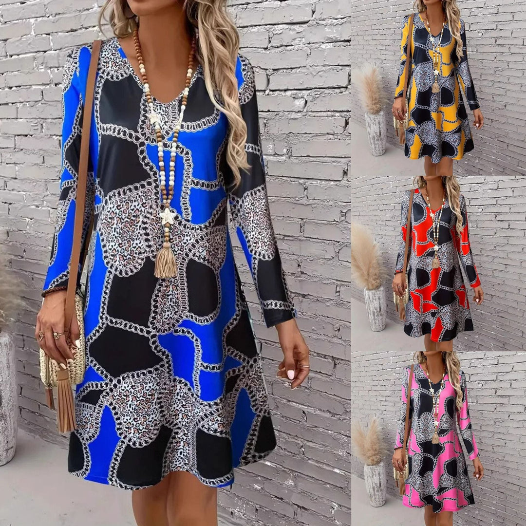 Stilla | Trendy Print Langærmet Løs V-Hals Kjole