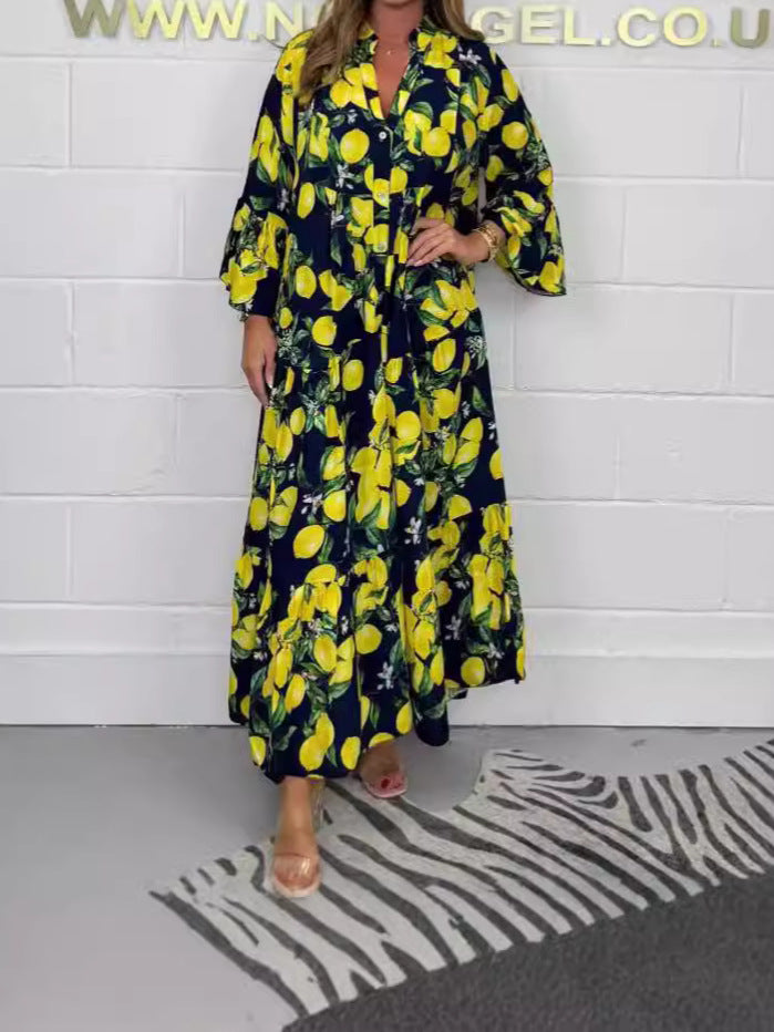 Dame Maxikjole med voluminøse flæsedetaljer og blomster mønster Stilla