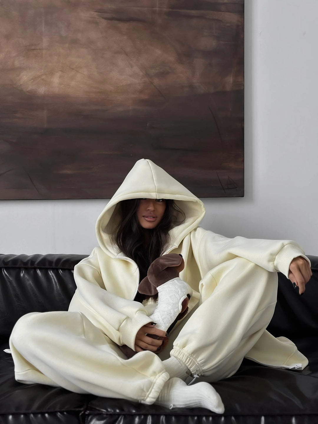 Dame Oversized Hoodie-Sæt med brede Bukser Stilla