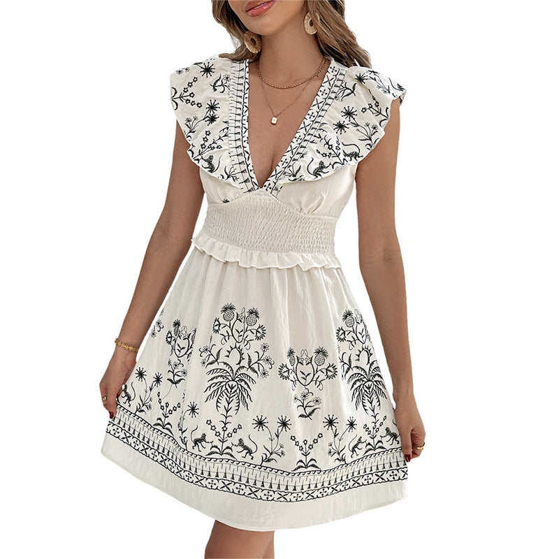 Dame Floral Broderet Sommerkjole med Flæsedetail Stilla