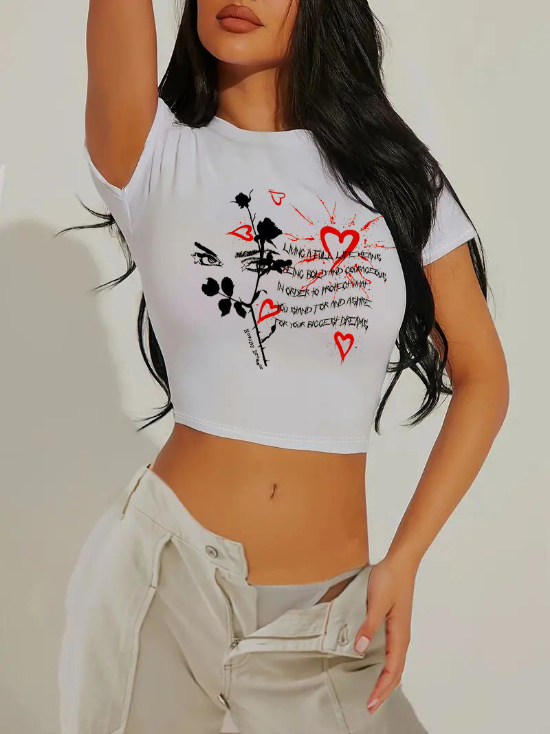 Dame cropped T-shirt med eksklusivt hestemotiv og figurtilpasset snit Skovae