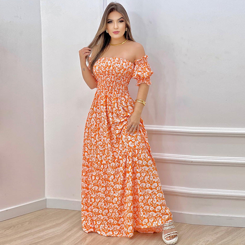 Dame Off-Shoulder Maxikjole med voluminøse pufærmer og nostalgisk rynkning Stilla