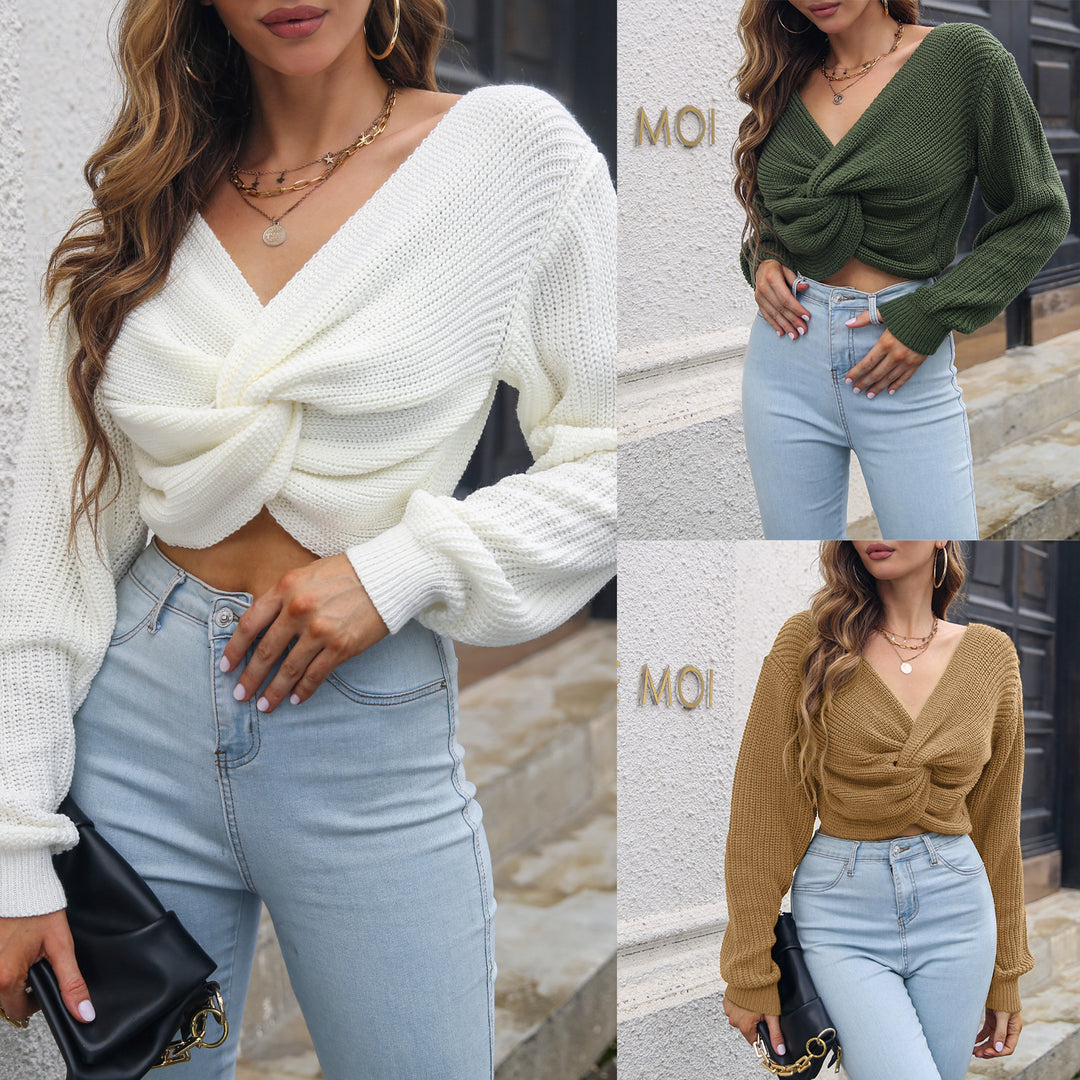Dame crop sweater med asymmetrisk knude og blødt strik Stilla
