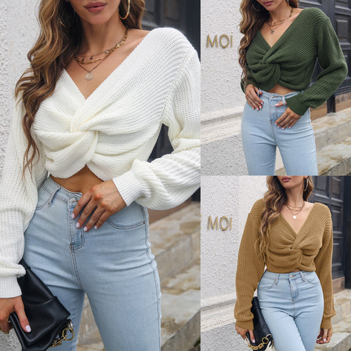 Dame crop sweater med asymmetrisk knude og blødt strik Stilla