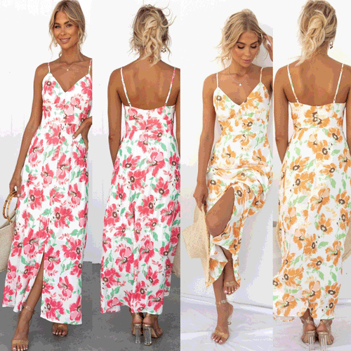Ladies summer maxi dress with elegant V-neck and high slit Skovae
